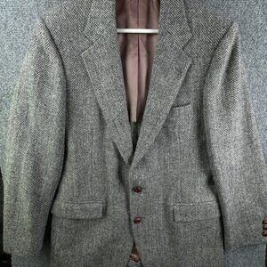 VTG Harris Tweed Handwoven Chevron USA Wool Coat Hebrides Scotland Gray 44